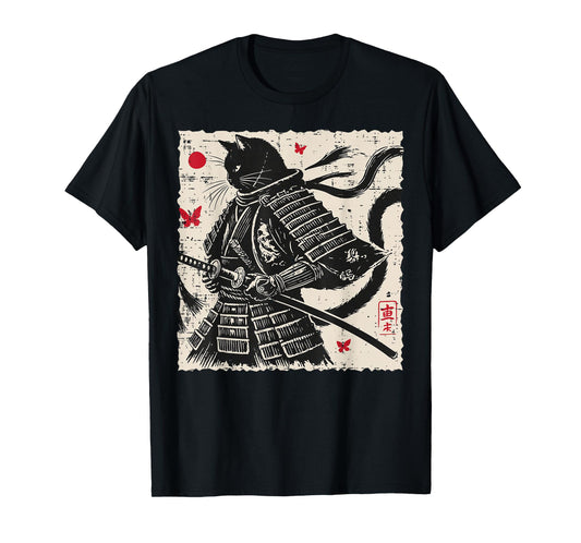 Japanese Cat Samurai Armor Vintage Art Men Boys Kids Women T-Shirt