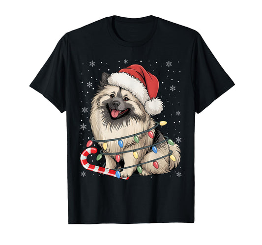 Keeshond Dog Ugly Christmas Candy Cane Tree Lights Xmas T-Shirt