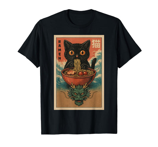 Anime Cat Ramen Japanese Funny Art Kawaii Cat and Dragon T-Shirt