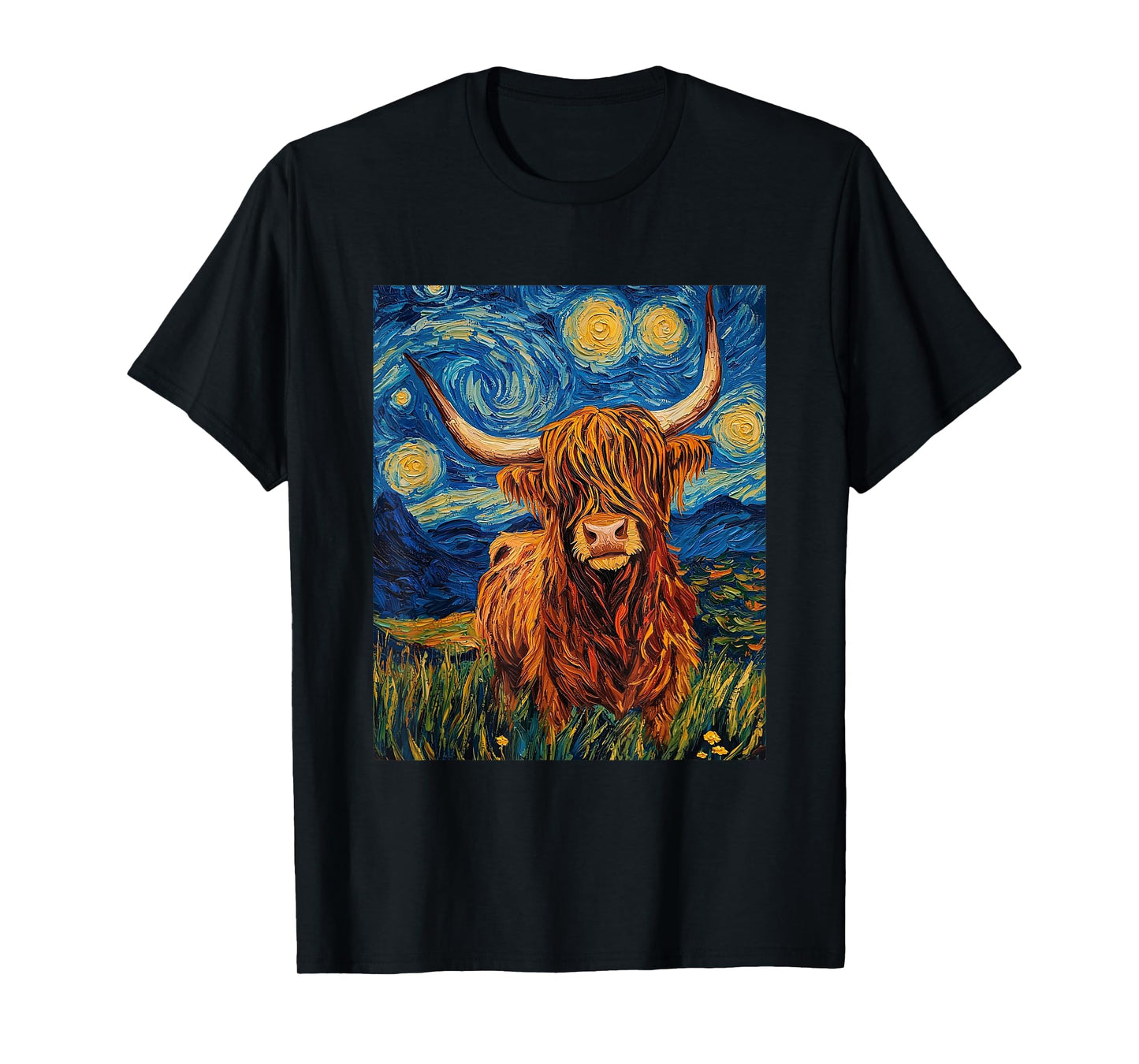 Funny Highland Cow Graphic - Van Gogh Style - Starry Night T-Shirt