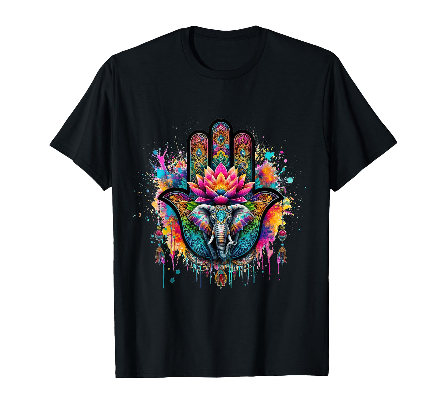 Beautiful Hamsa Hand Colorful Art with Elephant and Lotus T-Shirt