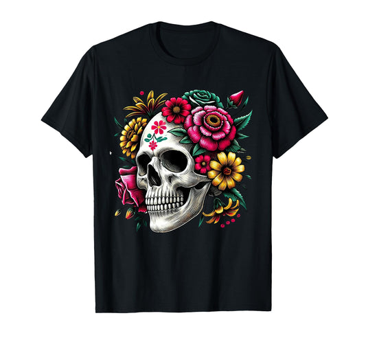 Floral Skull Flowers Dia De Los Muertos Mexico Sugar Skull T-Shirt
