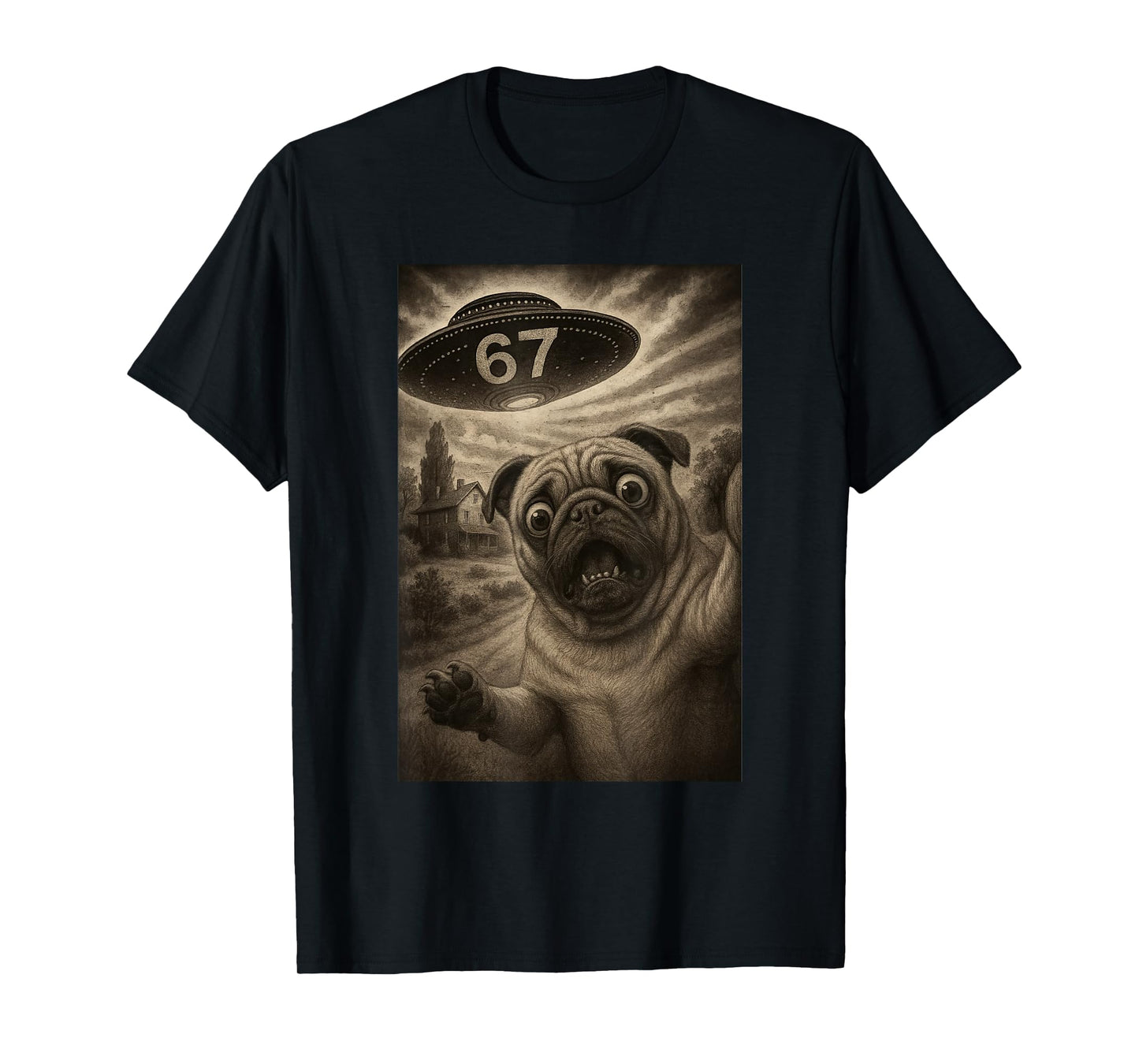 Dog Pug Selfie 67 Meme Six Seven Funny UFO T-Shirt