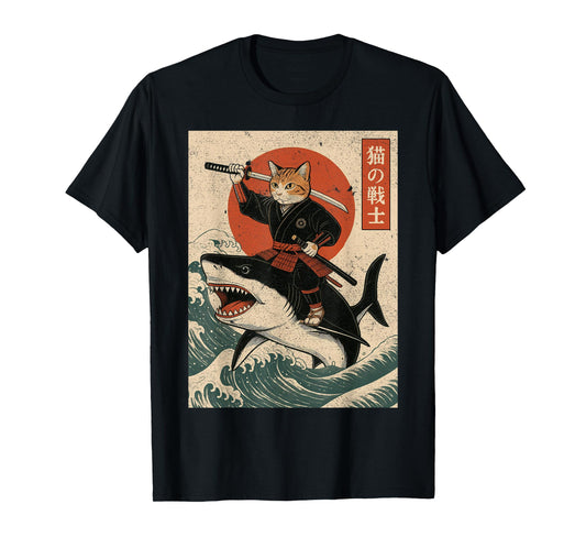 Vintage Anime Cat Japanese Funny Samurai Cat Riding Shark T-Shirt