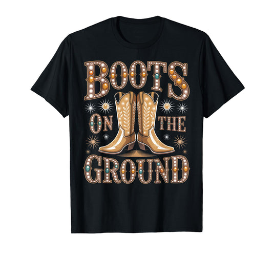 Boots On The Ground Black Cowgirl Western Where Them Fans At T-Shirt