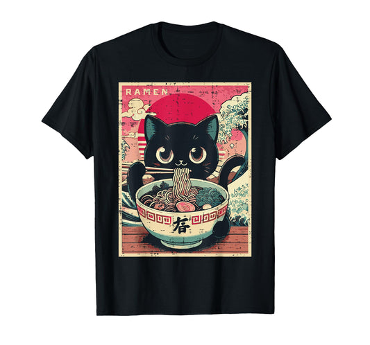 Japanese Anime Cat Ramen Kawaii Poster Art Girls Kids Women T-Shirt