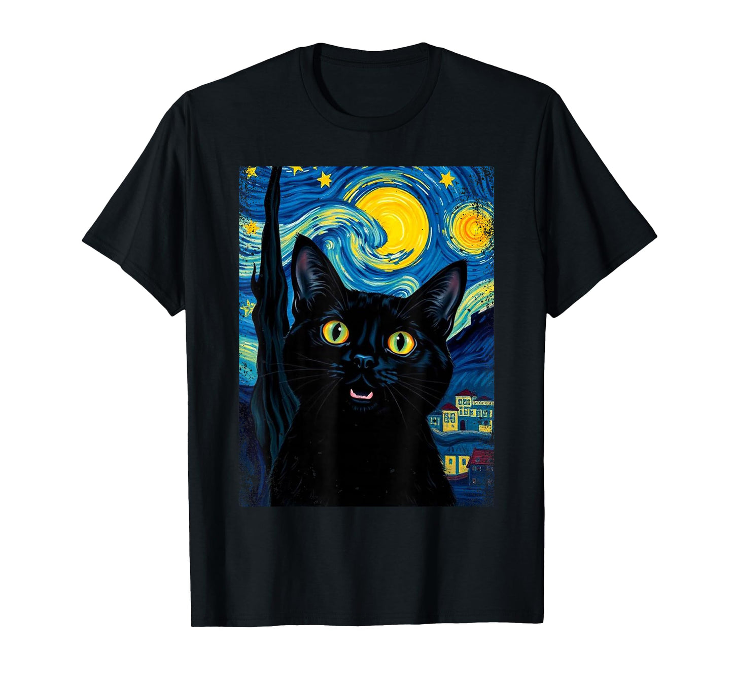 Black Cat Swirling Night Colorful Sky Starry Art Van Gogh T-Shirt