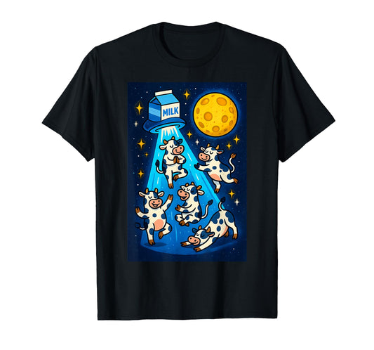Cosmic Cow Yoga Abduction Cartoon Cows, Milk Carton UFO & T-Shirt