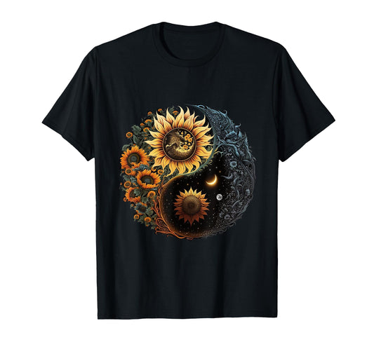 Yin And Yang Aesthetic Sunflower And Crescent Moon Art T-Shirt