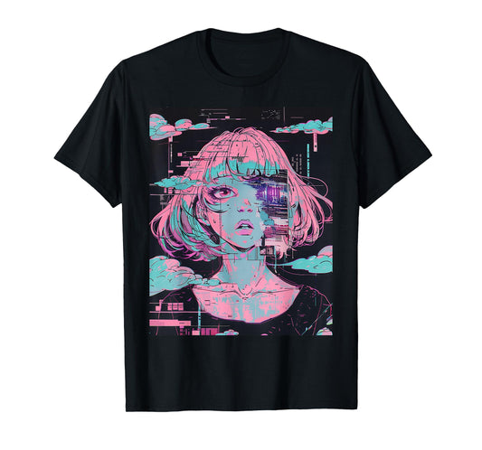 Anime Girl Vaporwave Glitchcore Pastel Goth Distressed T-Shirt
