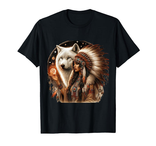 Indian Native American Woman With White Wolf Vitage Gifts T-Shirt