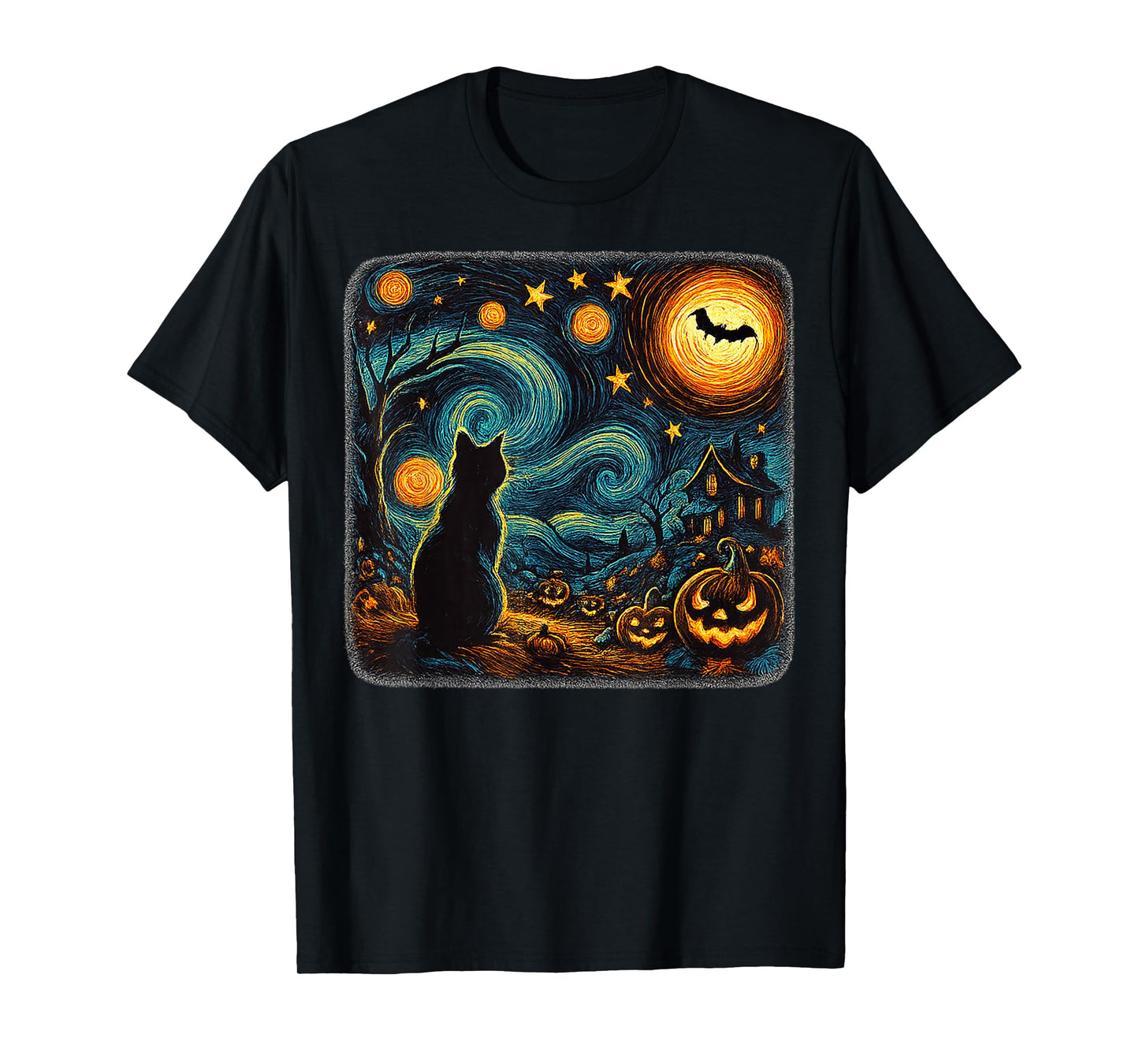 Halloween Starry Night Black Cat Pumpkins Art Men Women Kid T-Shirt