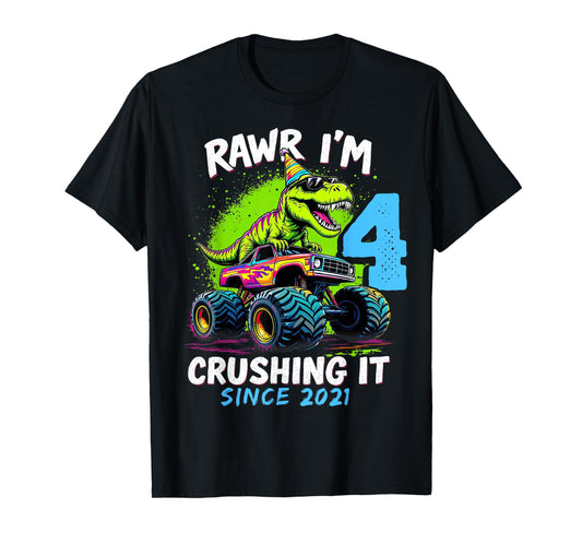 4th Birthday Monster Truck Dinosaur Party Boys Rawr I'm 4 T-Shirt