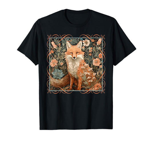 Red Fox in a William Morris Style Garden T-Shirt