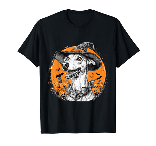 Greyhound Dog Whitch Hat Halloween Pumpkin Spooky Happy T-Shirt