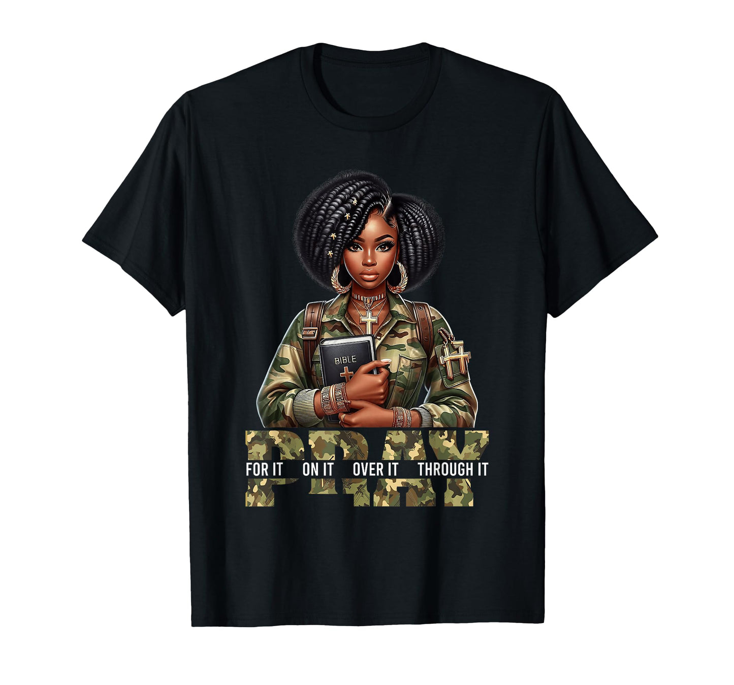 Pray On It Pray Over It Black Woman Afro Christian Sayings T-Shirt