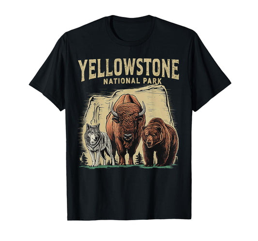 90s Yellowstone National Park Wolf And Bison Retro T-Shirt