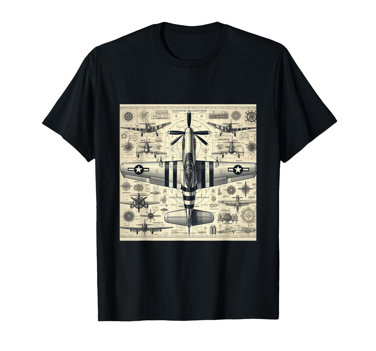WW2 Warplane Vintage P51 Mustang Assembly Parts Blueprint T-Shirt