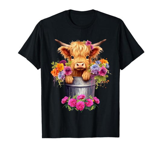 Cute Baby Highland Cow With flowers Calf Animal cow women T-Shirt