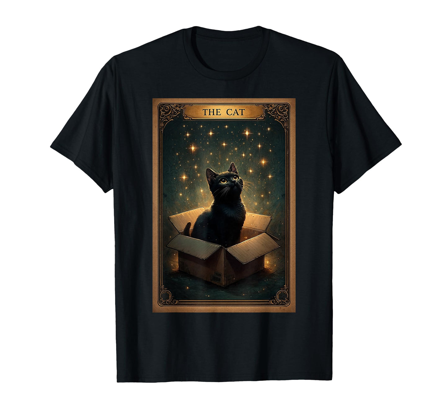 Mystical Black Cat on Box Magical Stars Retro Art Tarot Card T-Shirt