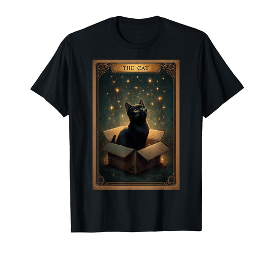 Mystical Black Cat on Box Magical Stars Retro Art Tarot Card T-Shirt