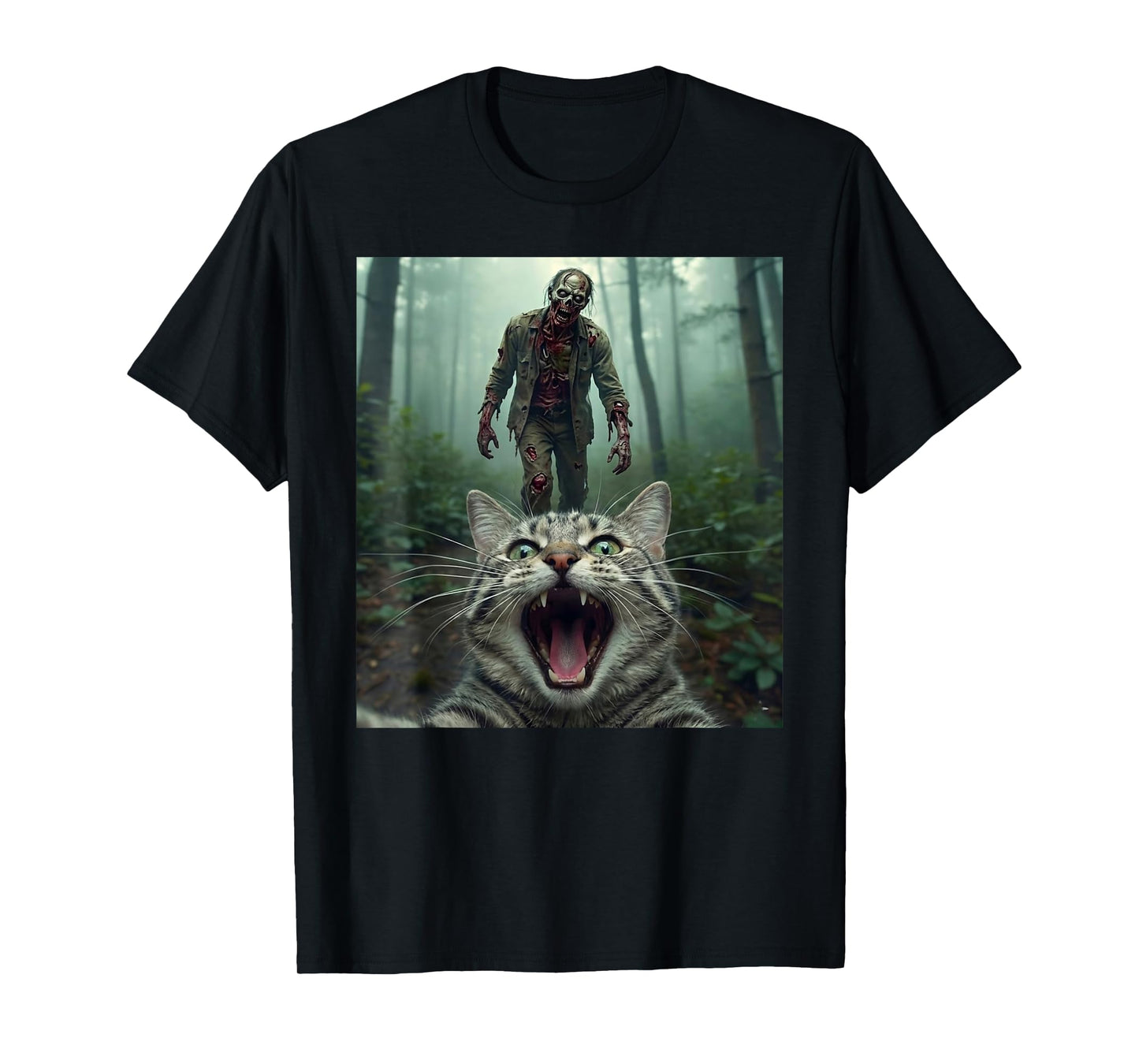 Funny Cat Selfie with Zombie Horror T-Shirt