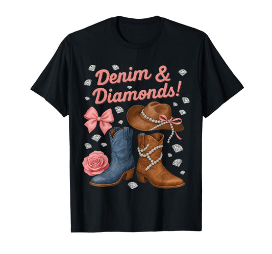 Denim and Diamonds Western Cowgirl Boots Hat for Women Girls T-Shirt