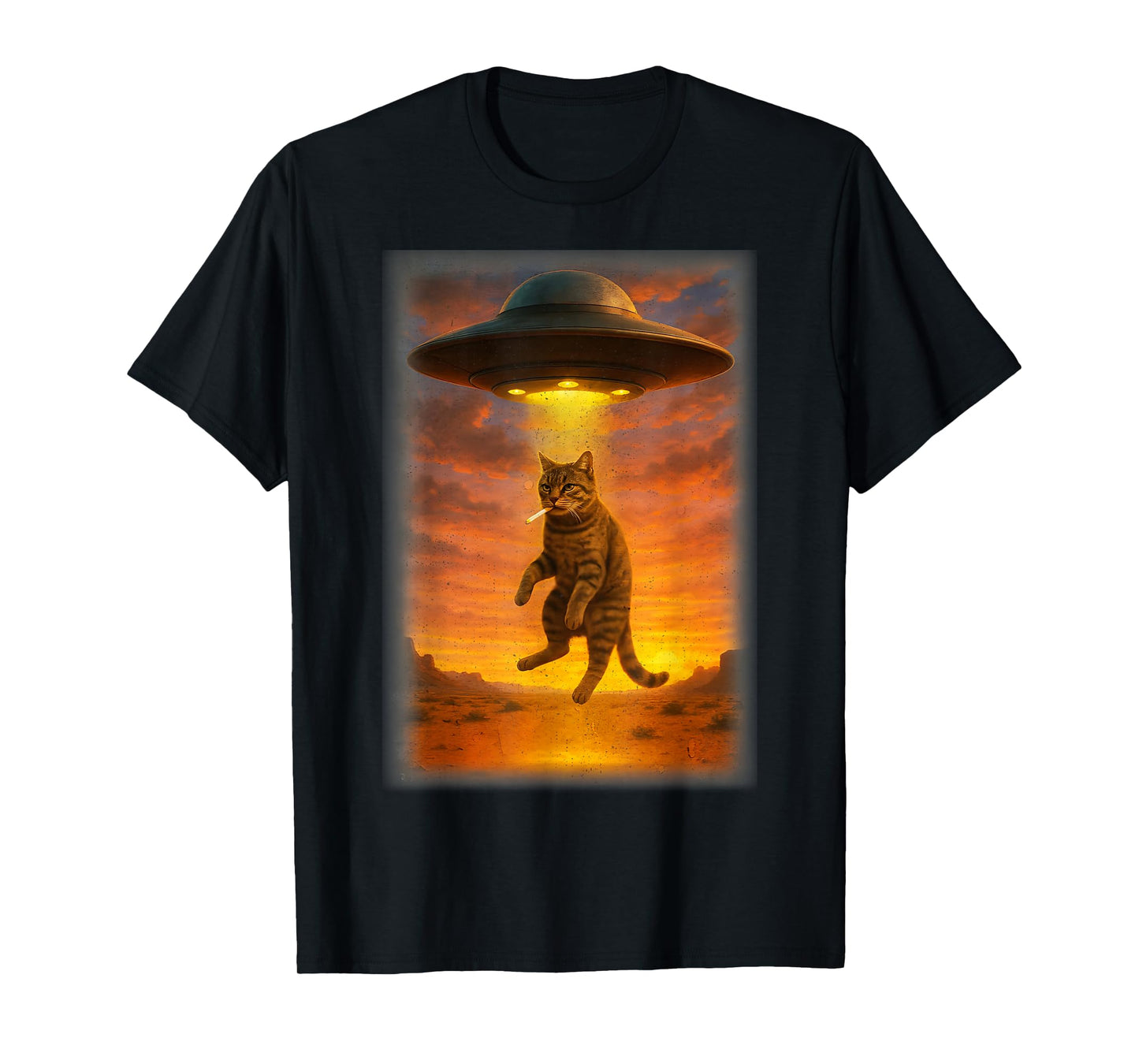 Retro Cat Smoking UFO Funny Japanese Anime Tee Men Women T-Shirt