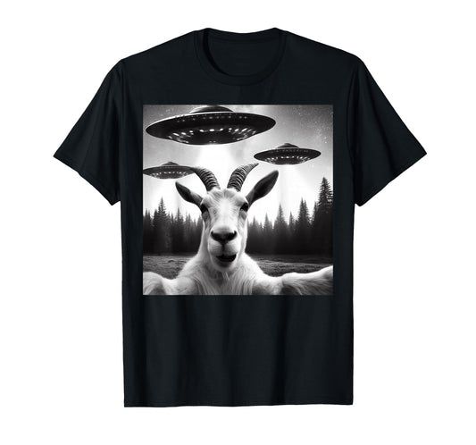 Goat Selfie With Alien UFO Funny Goat Gifts For Men Women T-Shirt
