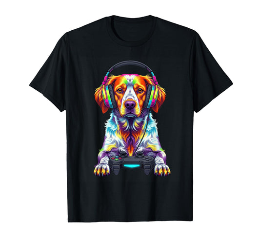 Colorful Brittany Spaniel Video Game Gamer Dog Zoo Design T-Shirt