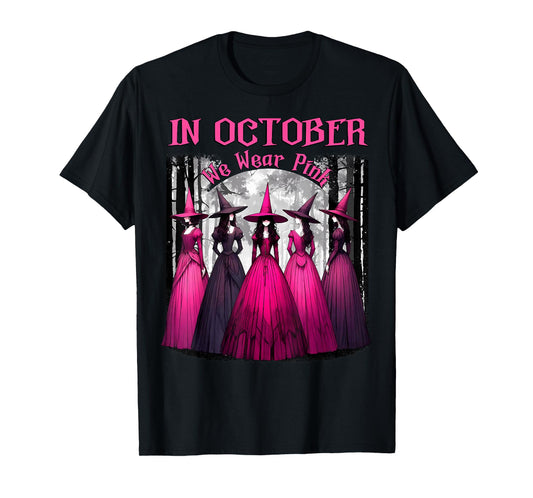 in October We Wear Pink Spooky Witch Halloween Breast Cancer T-Shirt