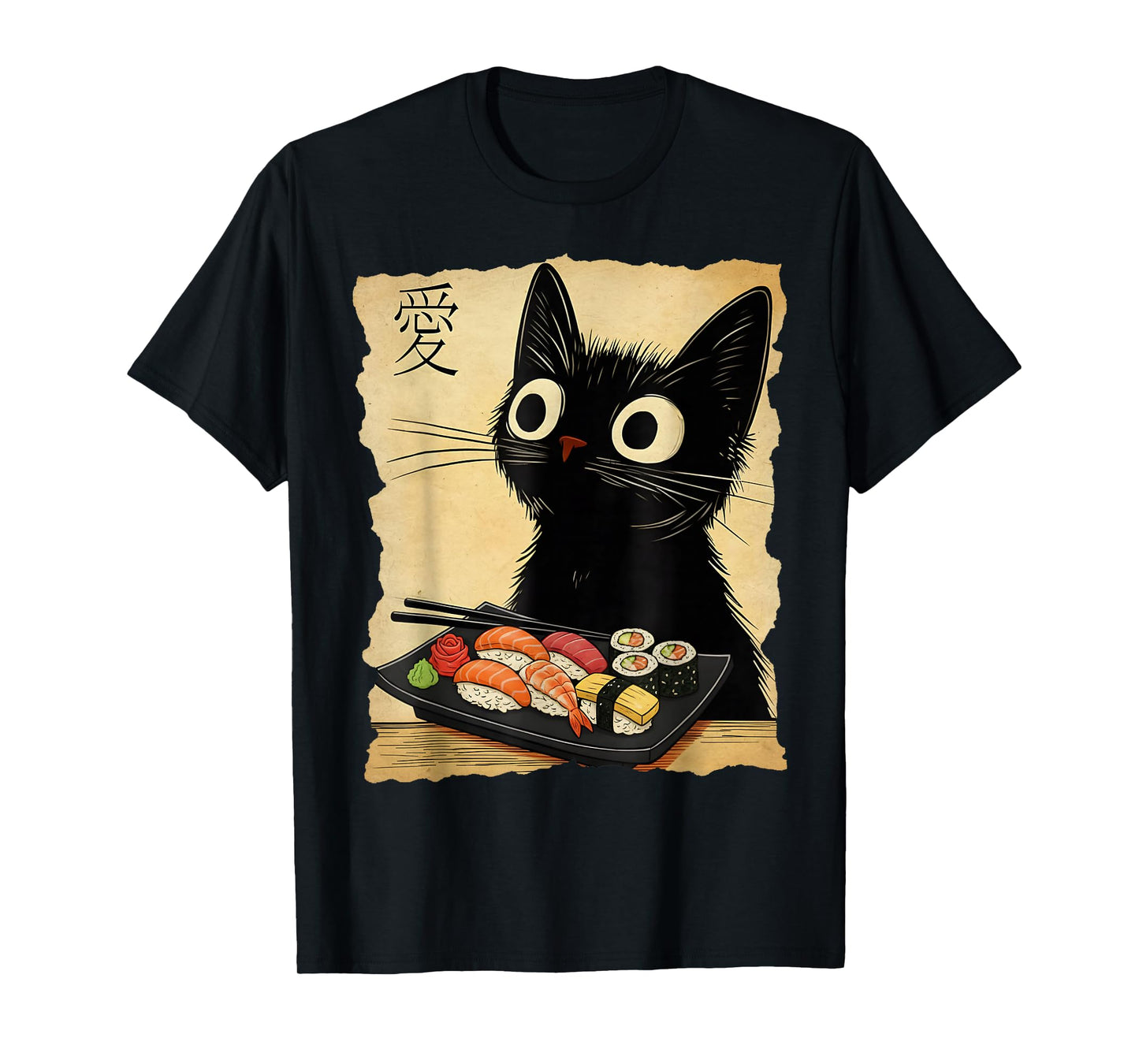 Retro Japanese Cat Sushi Cute Black Funny Kawaii Cat Anime T-Shirt