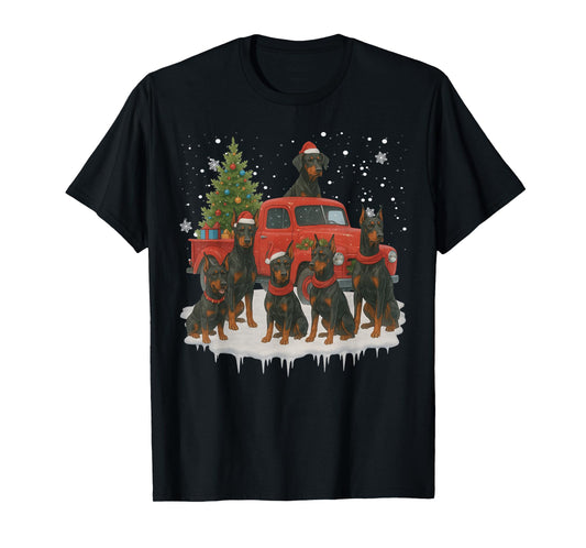 Doberman Pinscher Dog Red Truck Christmas Tree Santa Ugly T-Shirt