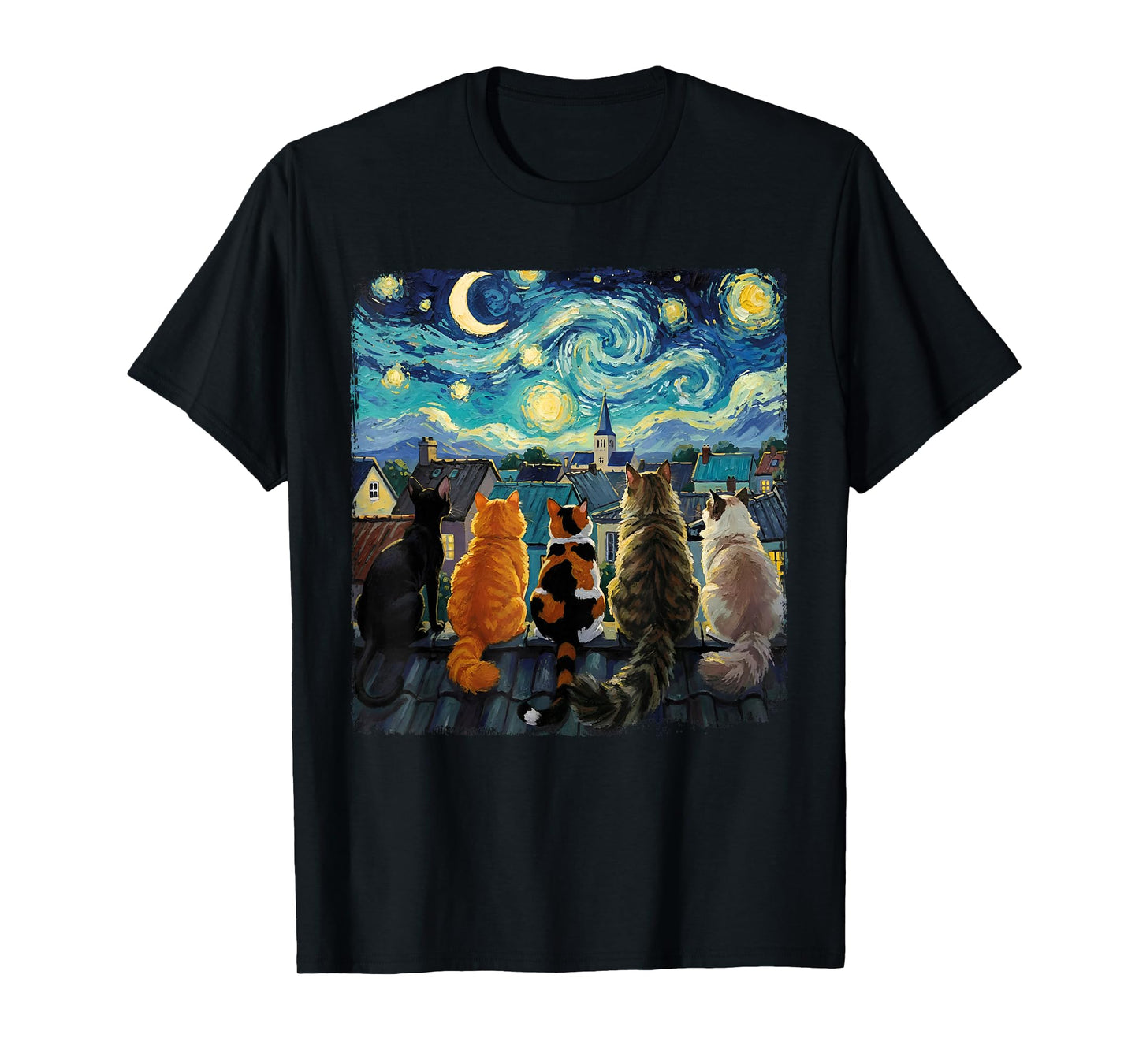 Funny Cat Starry Night Van Gogh Cats Rooftop Scene Feline T-Shirt