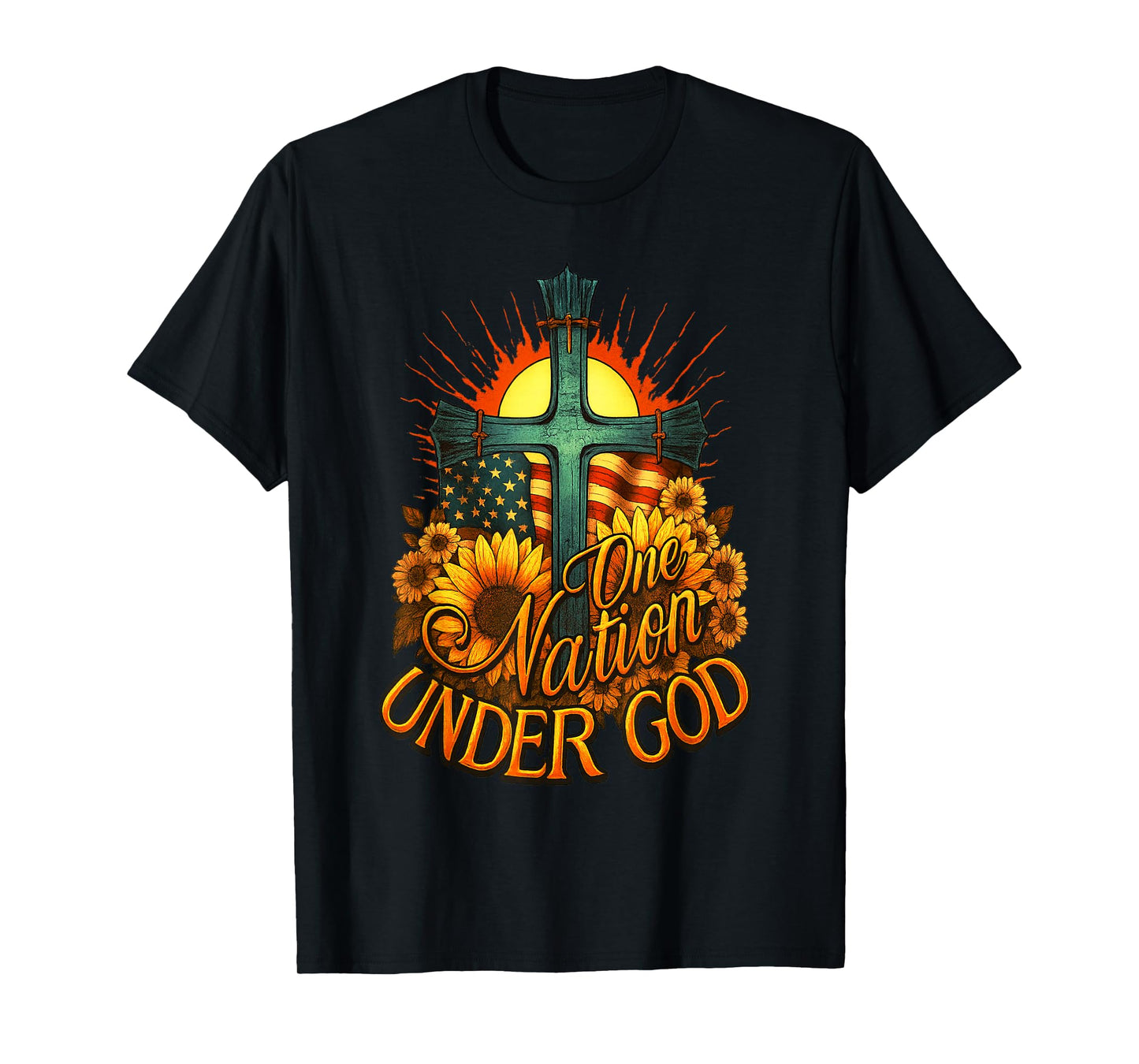 One Nation Under God USA Flag Cross Sunflower Patriotic T-Shirt