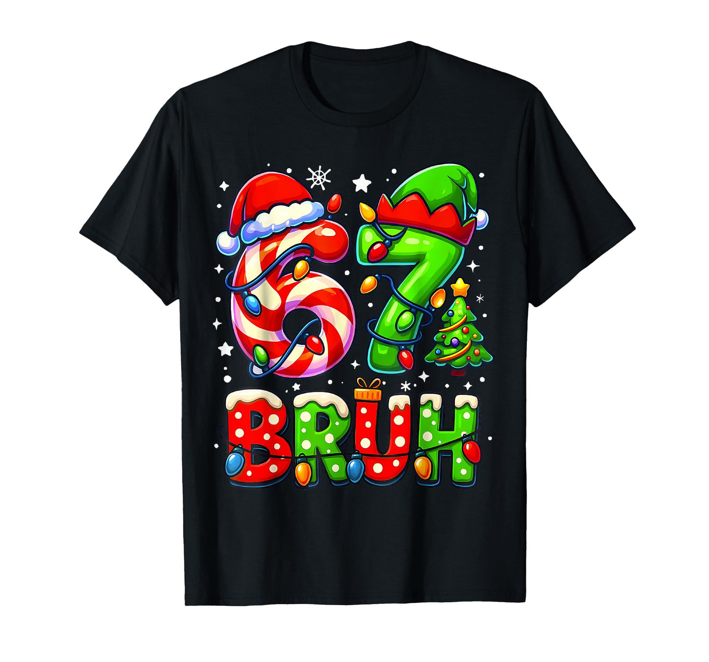 Bruh 67 Six Seven Meme Candy Cane Xmas Light Boy Girl Kids T-Shirt