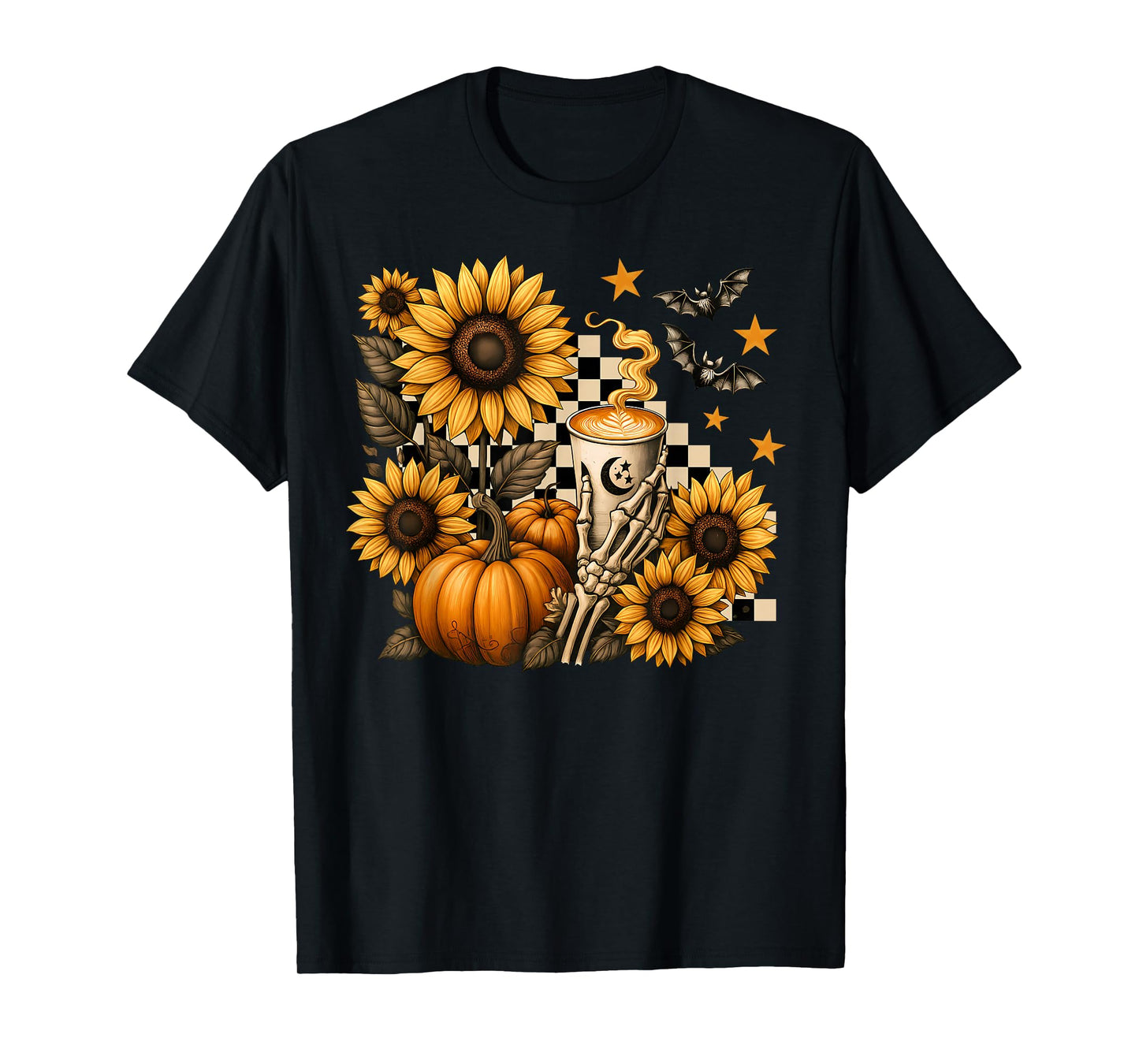 Halloween Skeleton Coffee, Spooky Sunflowers Pumpkin Spice T-Shirt