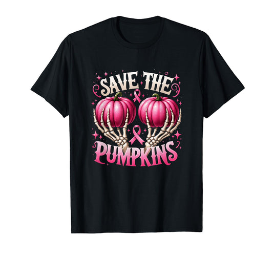 Save The Pumpkins Breast Cancer Awareness Skeleton Halloween T-Shirt