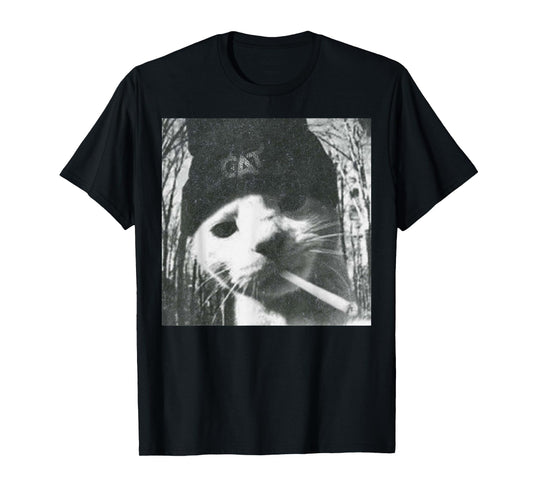 Smoking Cat Beanie Meme Grunge Aesthetic Funny T-Shirt