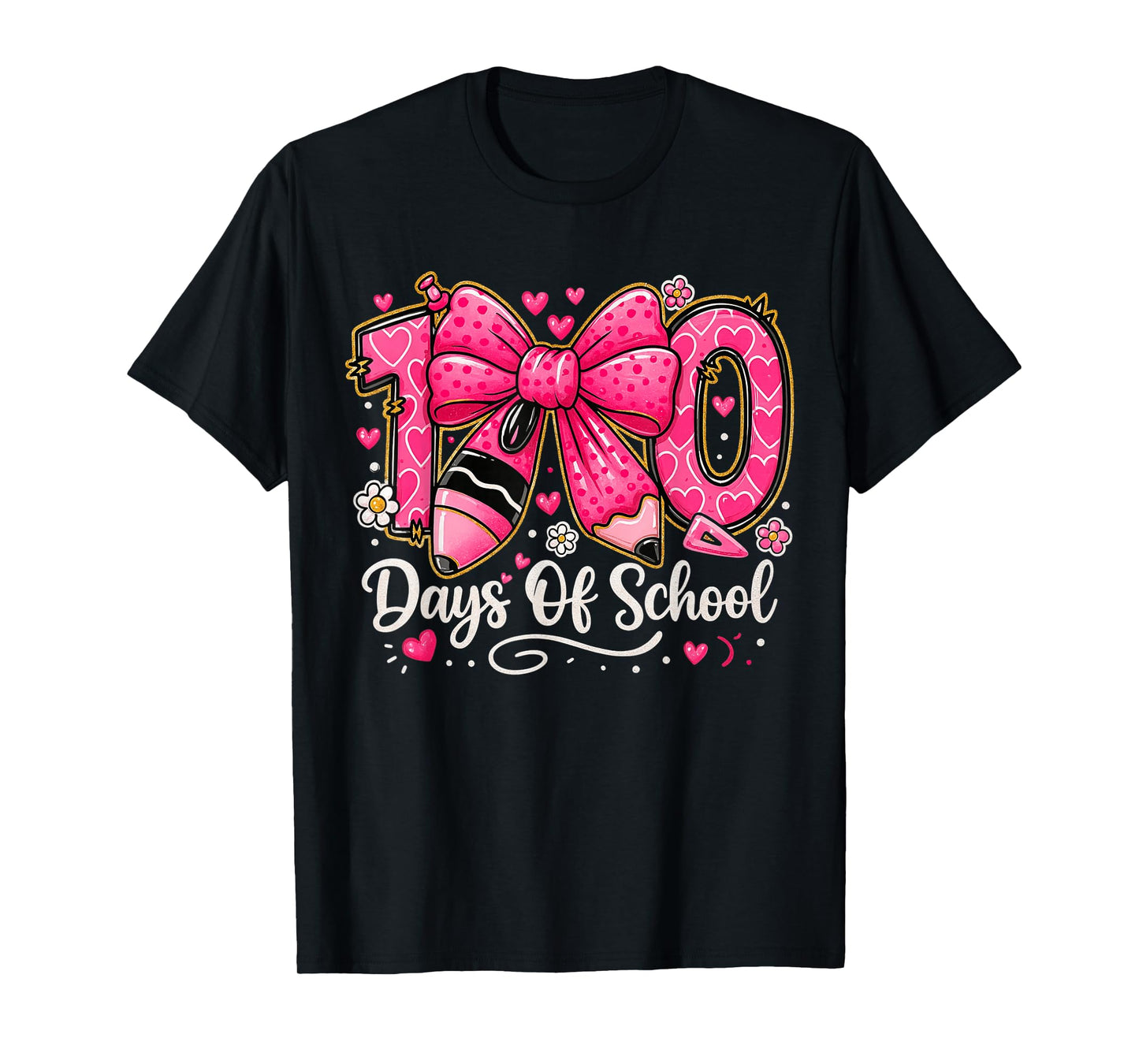 Preppy 100 Days of School Pink Pencil Bow Teacher Kid T-Shirt
