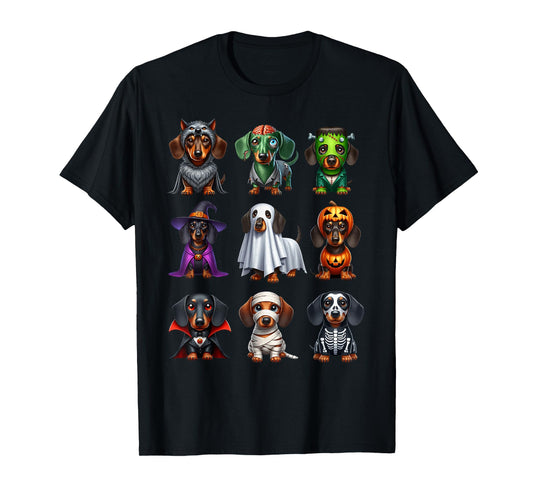 Dachshund Dogs Witch Zombie Mummy Skeleton Pumpkin Halloween T-Shirt