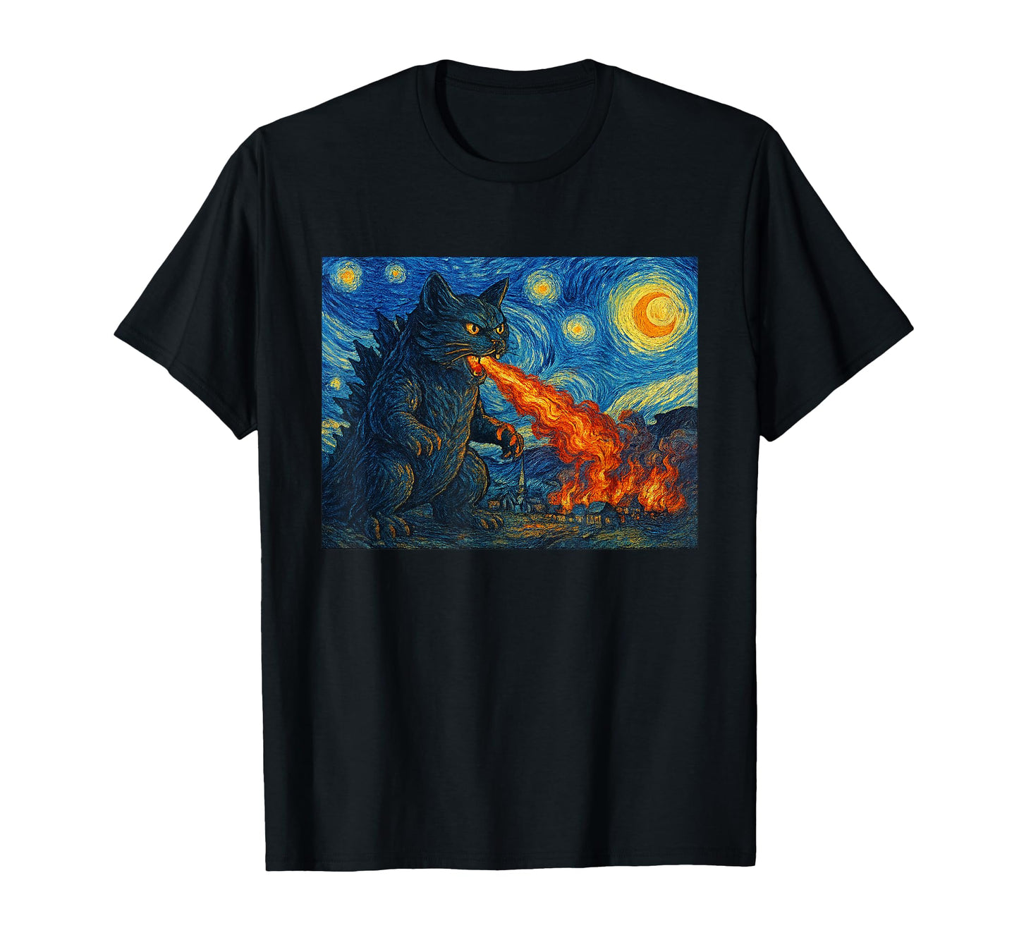 Starry Night Catzilla Monster Cat Van Gogh Style Cat Lover T-Shirt