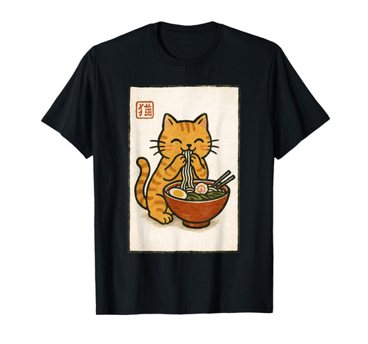 Funny Japanese Kawaii Anime Men Kids Women Cat Eats Ramen T-Shirt