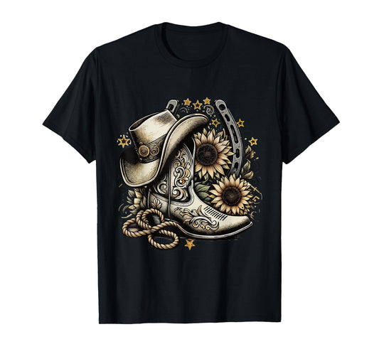 Western Cowboy Boot Horseshoe Sunflower Rope Cowgirl country T-Shirt, Small, Black