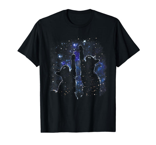 Two Cats Reaching for Stars Funny Galaxy Space Cat Night Sky T-Shirt