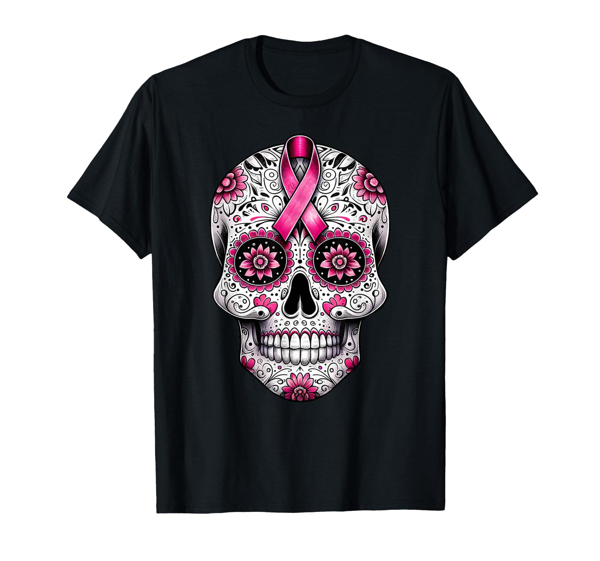 Pink Ribbon Sugar Skull Calavera Breast Cancer Awareness T-Shirt