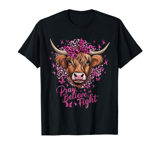 Highland Cow Pink Ribbon Breast Cancer Awareness T-Shirt