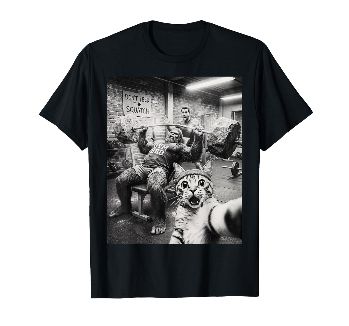 Cat Selfie Funny Bigfoot Gym Bro Weightlifting Workout T-Shirt