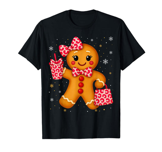 Cute Gingerbread Leopard Bow Christmas Xmas Girl Women T-Shirt