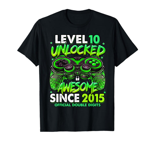 Level 10 Unlocked Awesome Since 2015 10th Birthday Gaming T-Shirt